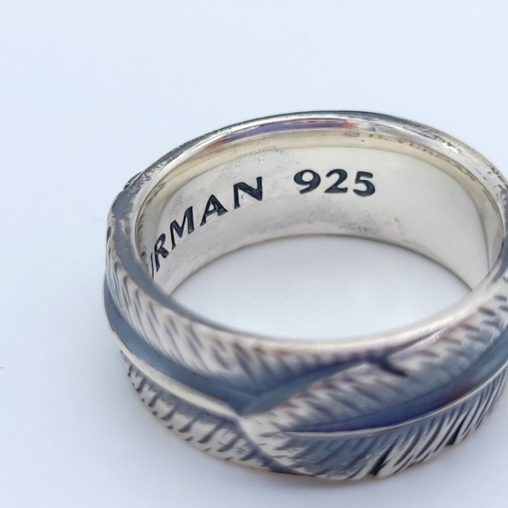 David Yurman Mens Sterling Silver 10mm Frontier Feather Band Ring Size 9 w Pouch - Picture 6 of 8